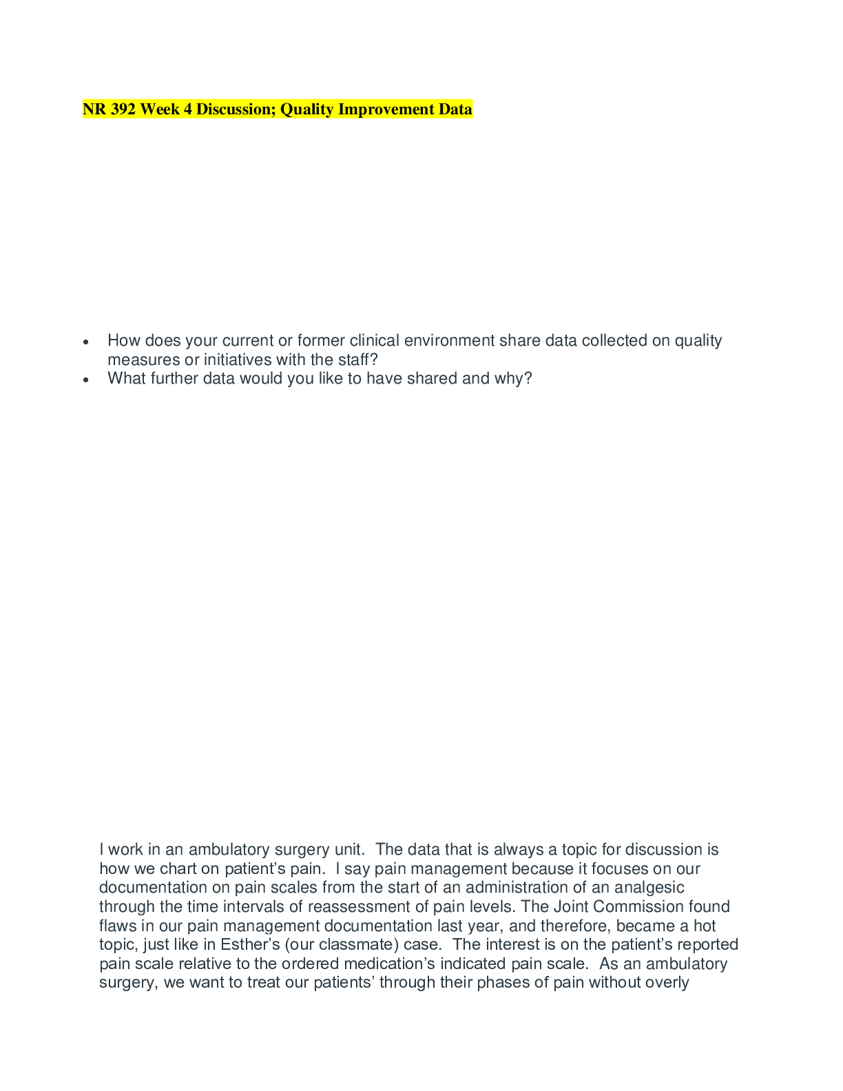 Preview image for NR 392 Week 4 Discussion; Quality Improvement Data